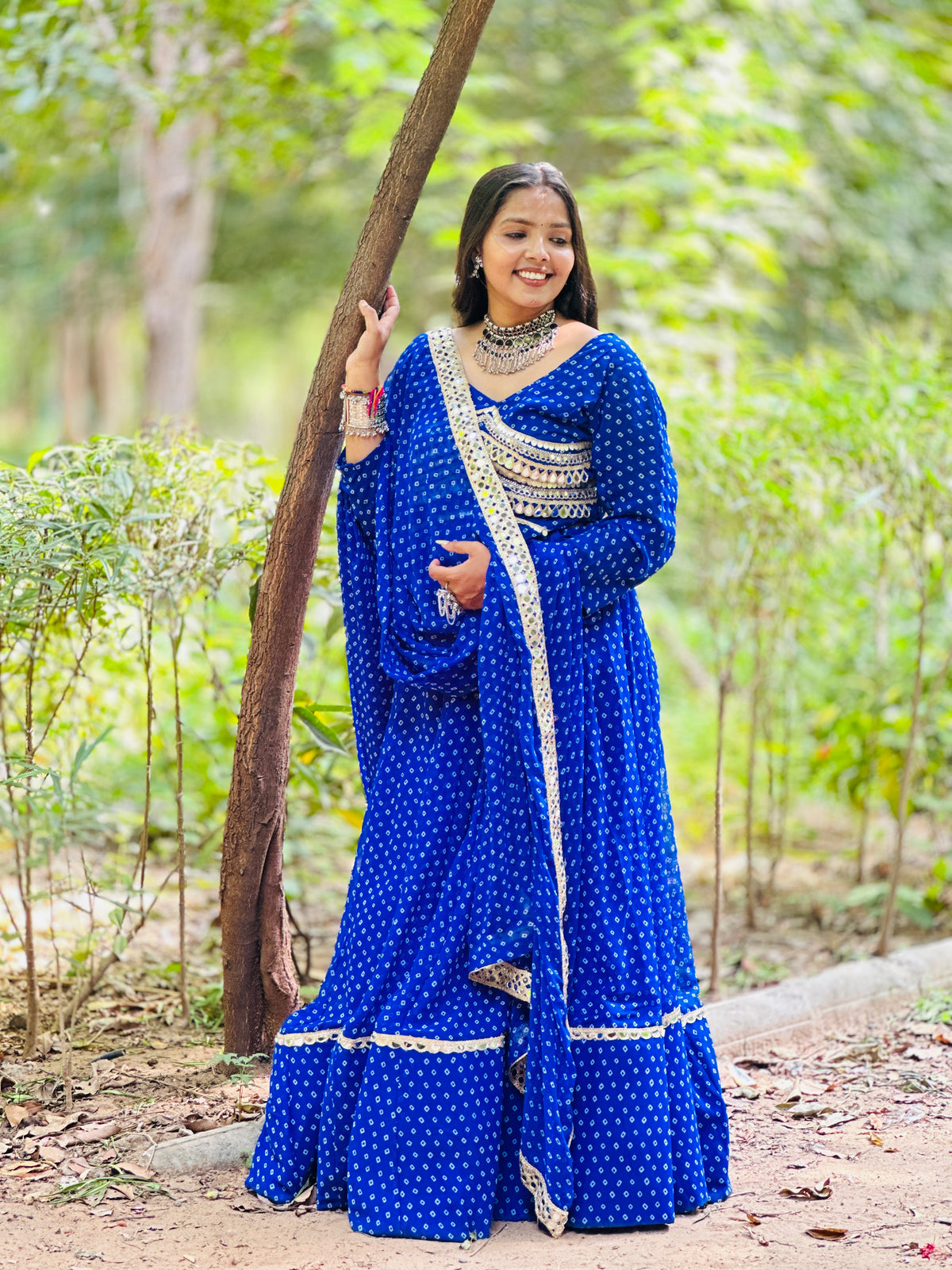 Royal Blue Embroidered Bandhani Lehenga Set