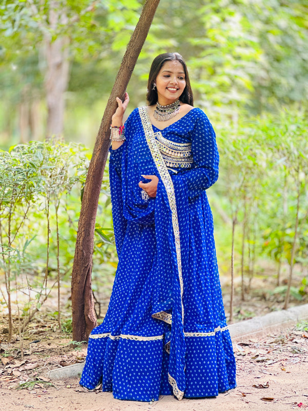 Royal Blue Embroidered Bandhani Lehenga Set