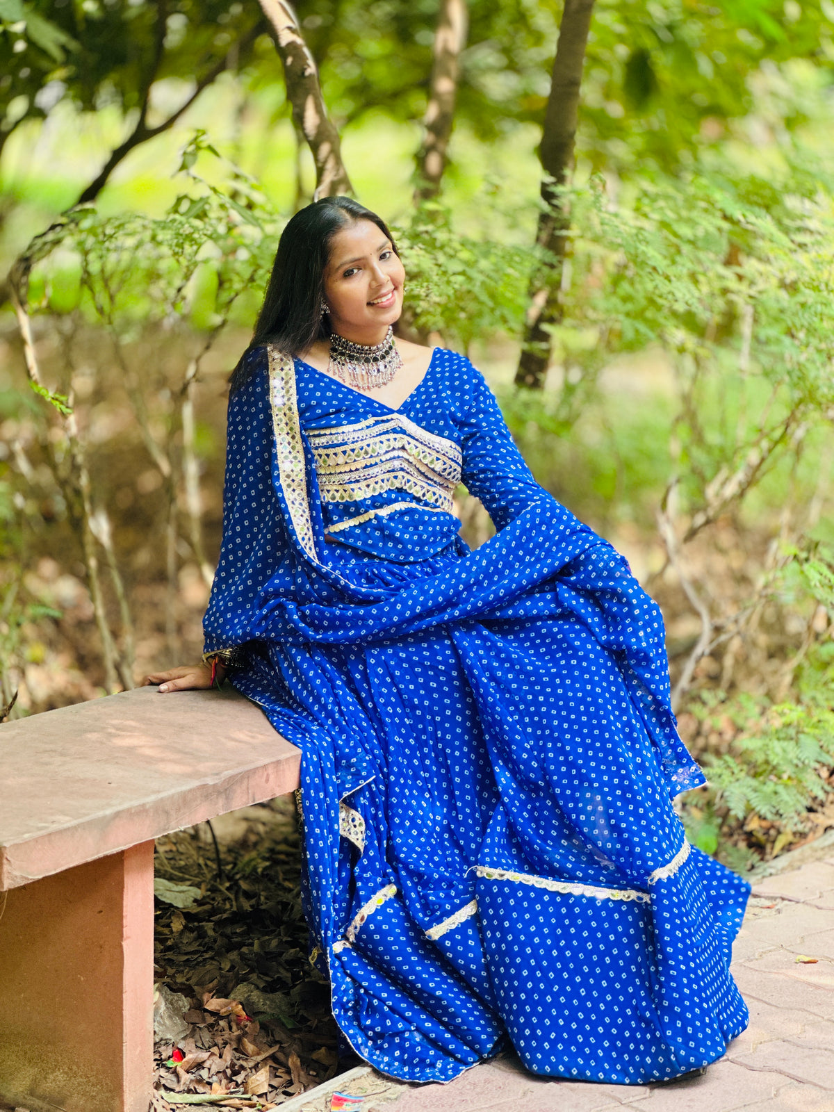 Royal Blue Embroidered Bandhani Lehenga Set