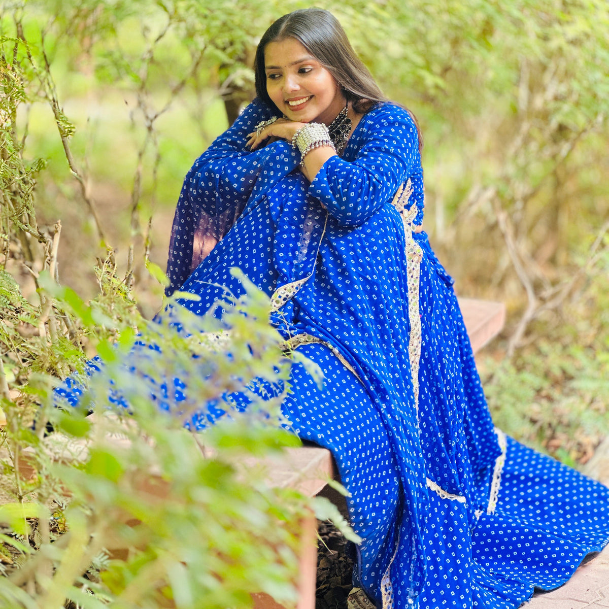 Royal Blue Embroidered Bandhani Lehenga Set