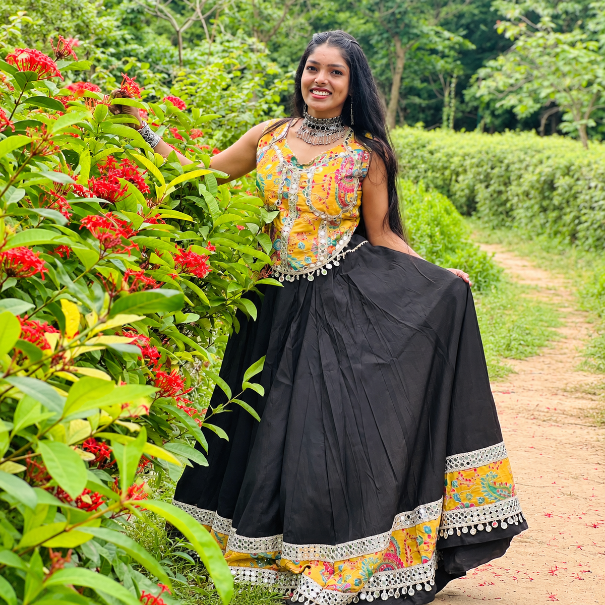 Elegant Black & Multicolour Embroidered Lehenga Set