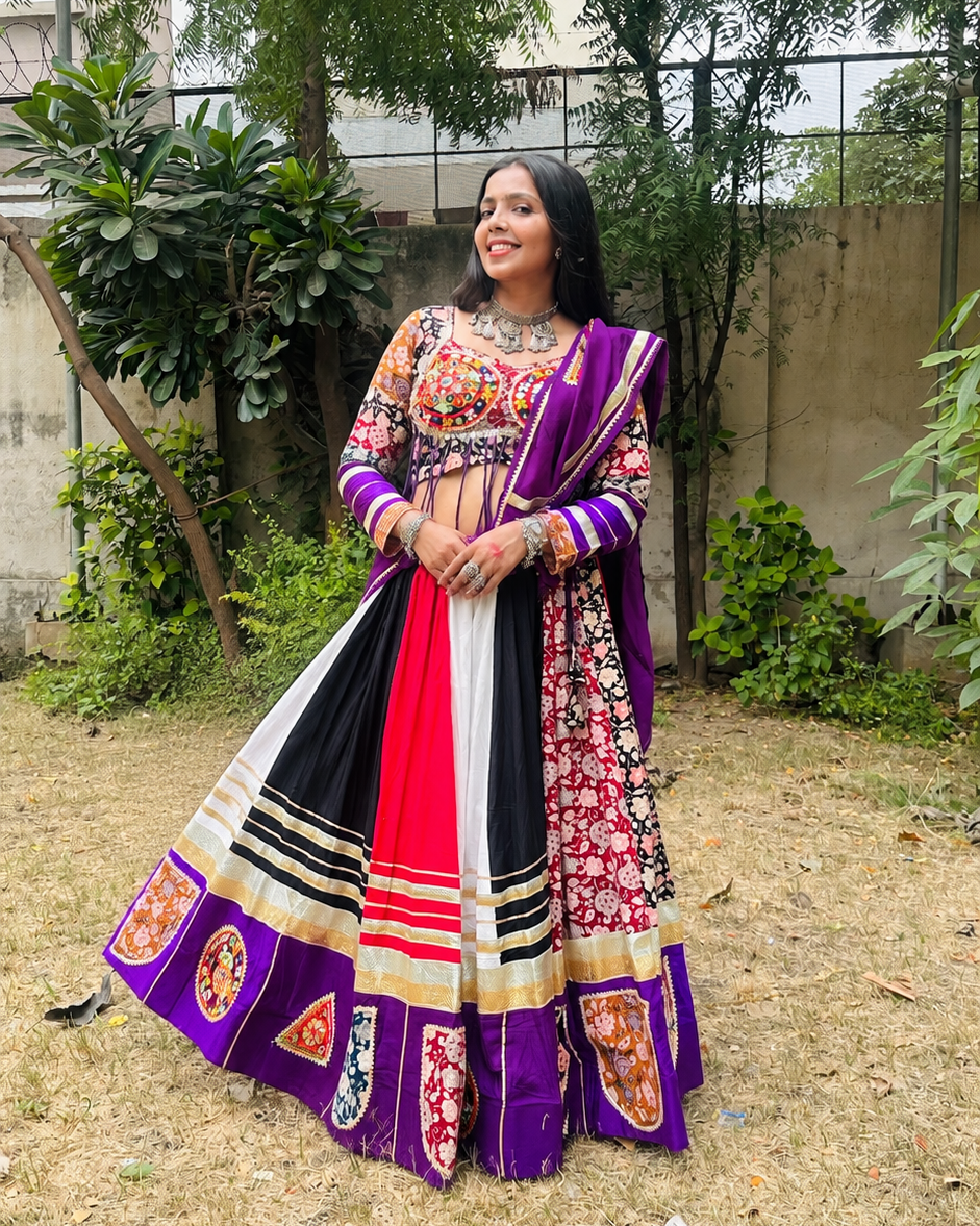 Royal Kutchhi Work Purple Multicolour Embroidered Lehenga Set