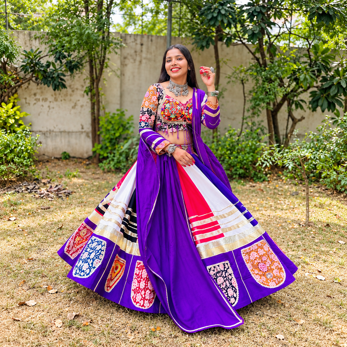 Royal Kutchhi Work Purple Multicolour Embroidered Lehenga Set