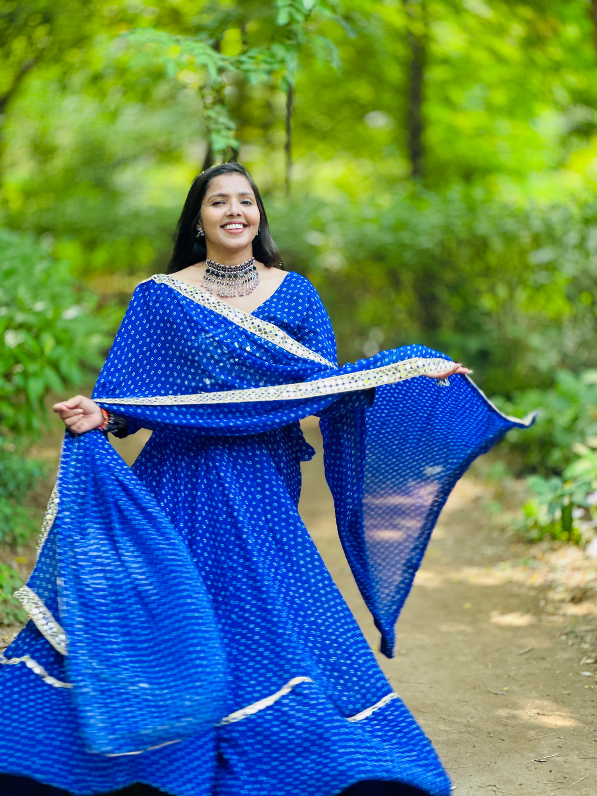 Royal Blue Embroidered Bandhani Lehenga Set