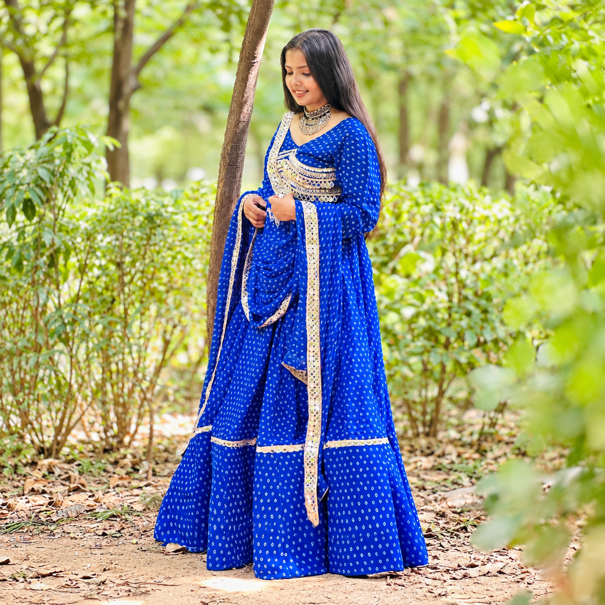 Royal Blue Embroidered Bandhani Lehenga Set