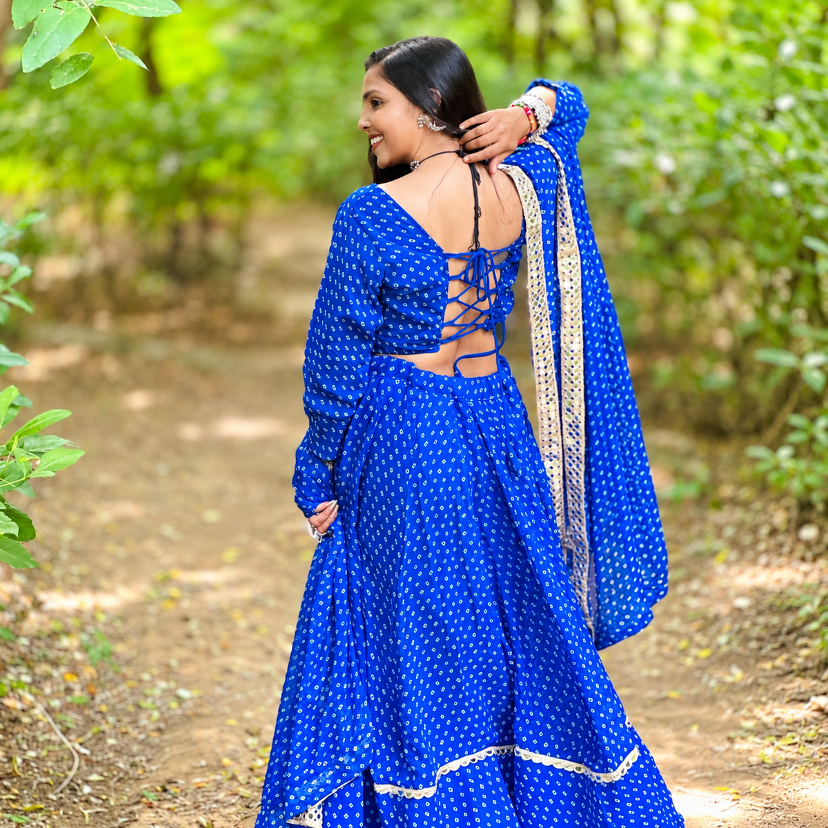 Royal Blue Embroidered Bandhani Lehenga Set