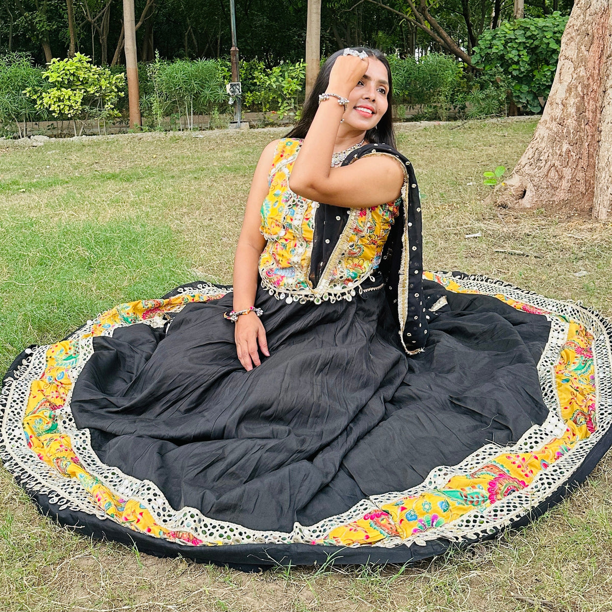 Elegant Black & Multicolour Embroidered Lehenga Set