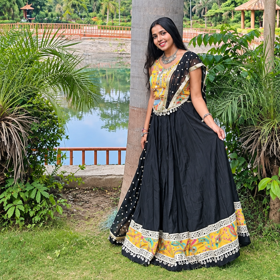 Elegant Black & Multicolour Embroidered Lehenga Set