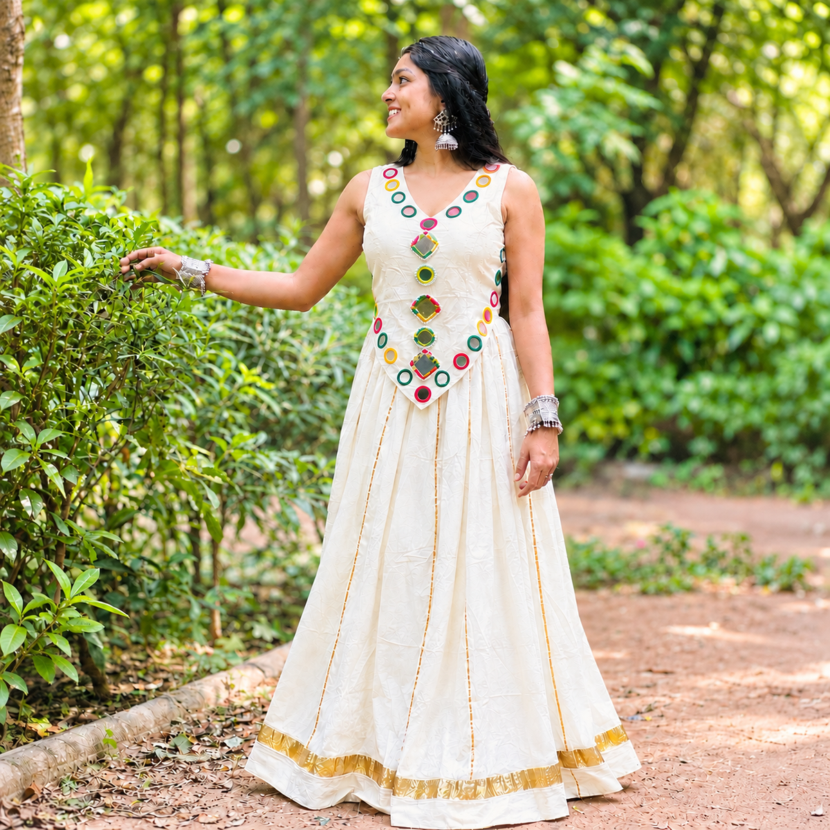 Elegant Mirror Ivory Multicolour Embroidered Dress