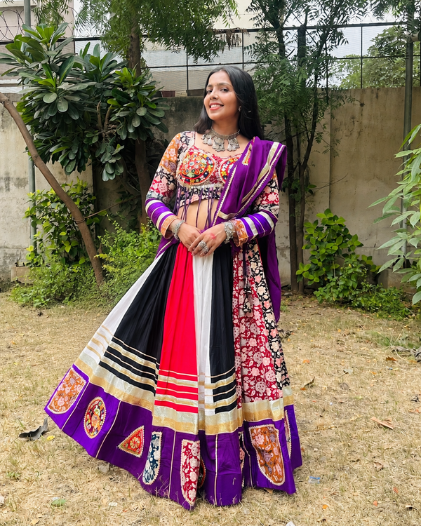 Royal Kutchhi Work Purple Multicolour Embroidered Lehenga Set