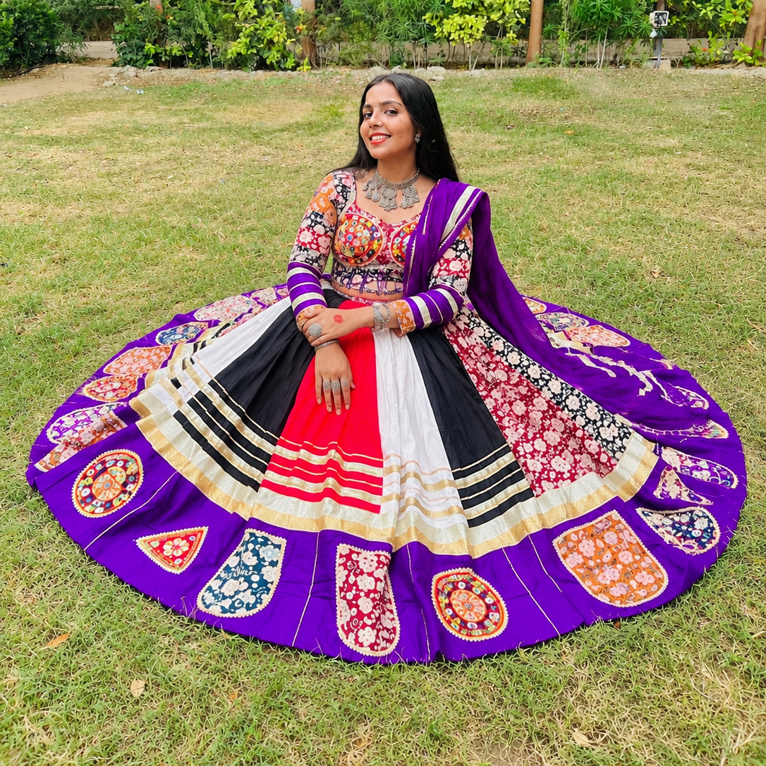 Royal Kutchhi Work Purple Multicolour Embroidered Lehenga Set
