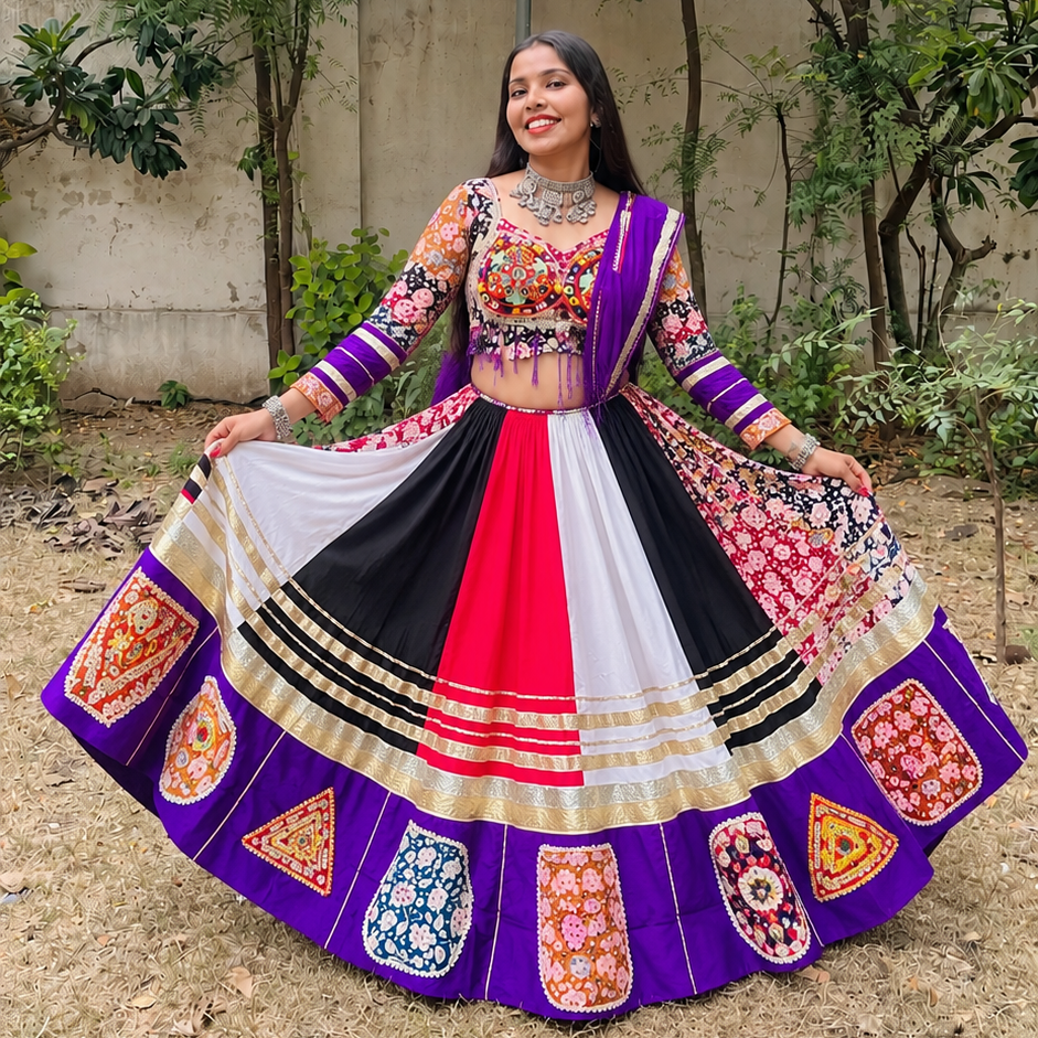 Royal Kutchhi Work Purple Multicolour Embroidered Lehenga Set