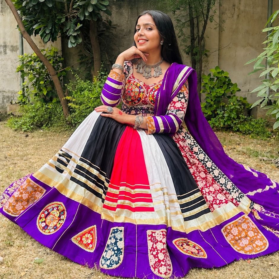 Royal Kutchhi Work Purple Multicolour Embroidered Lehenga Set
