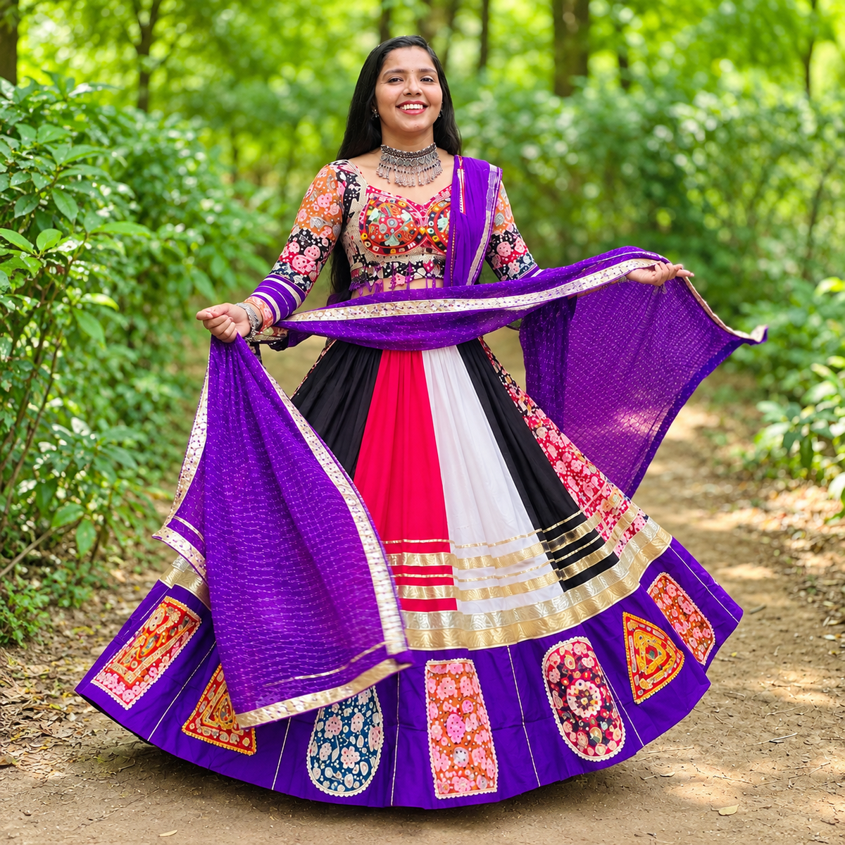 Royal Kutchhi Work Purple Multicolour Embroidered Lehenga Set